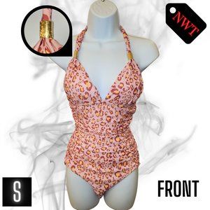 Small Pink Leopard Print One Piece Swimsuit with Tie Neck and Gold Accents